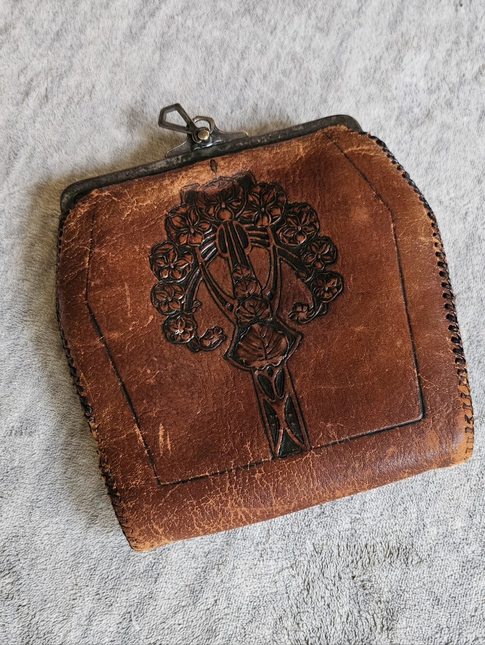 Leather Purse Arts Crafts Nouveau Hand Tooled Antique Hand Bag Vintage